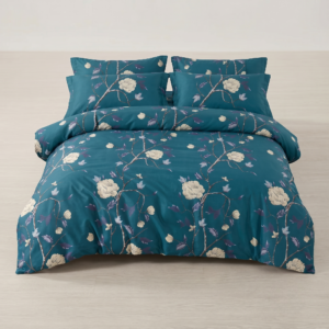 Lenjerie de pat single, bumbac finet, 4 piese, albastru petrol cu model floral