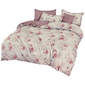 Lenjerie de pat dublu, bumbac finet, 6 piese, alb cu model floral roz și lila