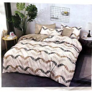 Lenjerie de pat dublu, bumbac finet, 6 piese, alb cu model geometric zig-zag bej și negru