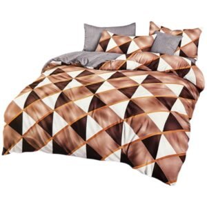 Lenjerie de pat dublu, bumbac finet, 6 piese, alb cu model geometric cupru și maro