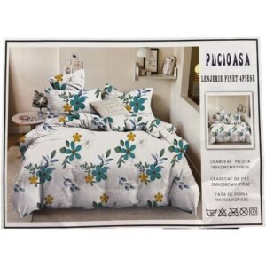 Lenjerie de pat single, bumbac finet, 4 piese, alb cu model floral turcoaz și muștar