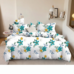 Lenjerie de pat single, bumbac finet, 4 piese, alb cu model floral turcoaz și muștar