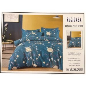 Lenjerie de pat single, bumbac finet, 4 piese, albastru petrol cu model floral