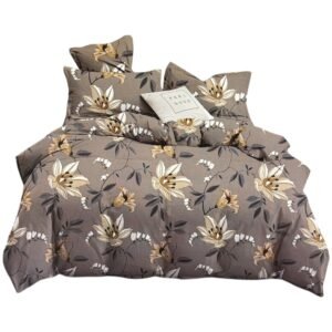 Lenjerie de pat single, bumbac finet, 4 piese, gri taupe cu model floral crem