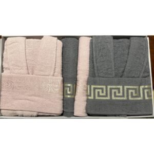 Set cadou premium 2 halate unisex și 4 prosoape din bumbac 100% roz/gri – cutie cadou elegantă