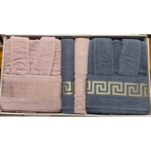 Set cadou premium 2 halate unisex și 4 prosoape din bumbac 100% roz/petrol – cutie cadou elegantă