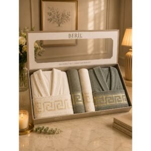 Set cadou premium 2 halate unisex și 4 prosoape din bumbac 100% alb/gri – cutie cadou elegantă