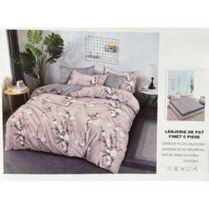 Lenjerie de pat dublu, bumbac finet, 6 piese, roz pudrat cu model floral alb și corai