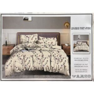 Lenjerie de pat single, bumbac finet, 4 piese, crem cu model floral mov și roz