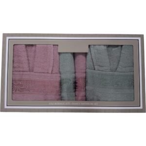 Set cadou premium 2 halate unisex și 4 prosoape din bumbac 100% mov/vernil – cutie cadou elegantă